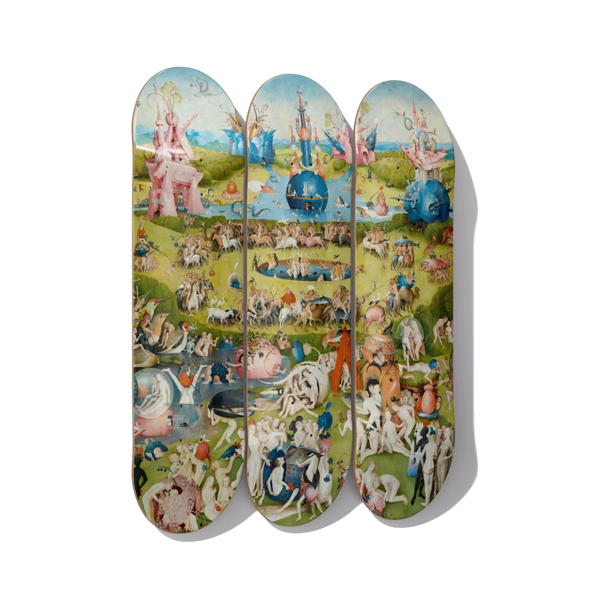 Skateboard wall art for a vaulted high-ceiling room 2026 DeckArts Berlin filling the soaring vertical wall scale to match the height cohesive at grand scale grand impact affordably Napoleon Friedrich stacked column