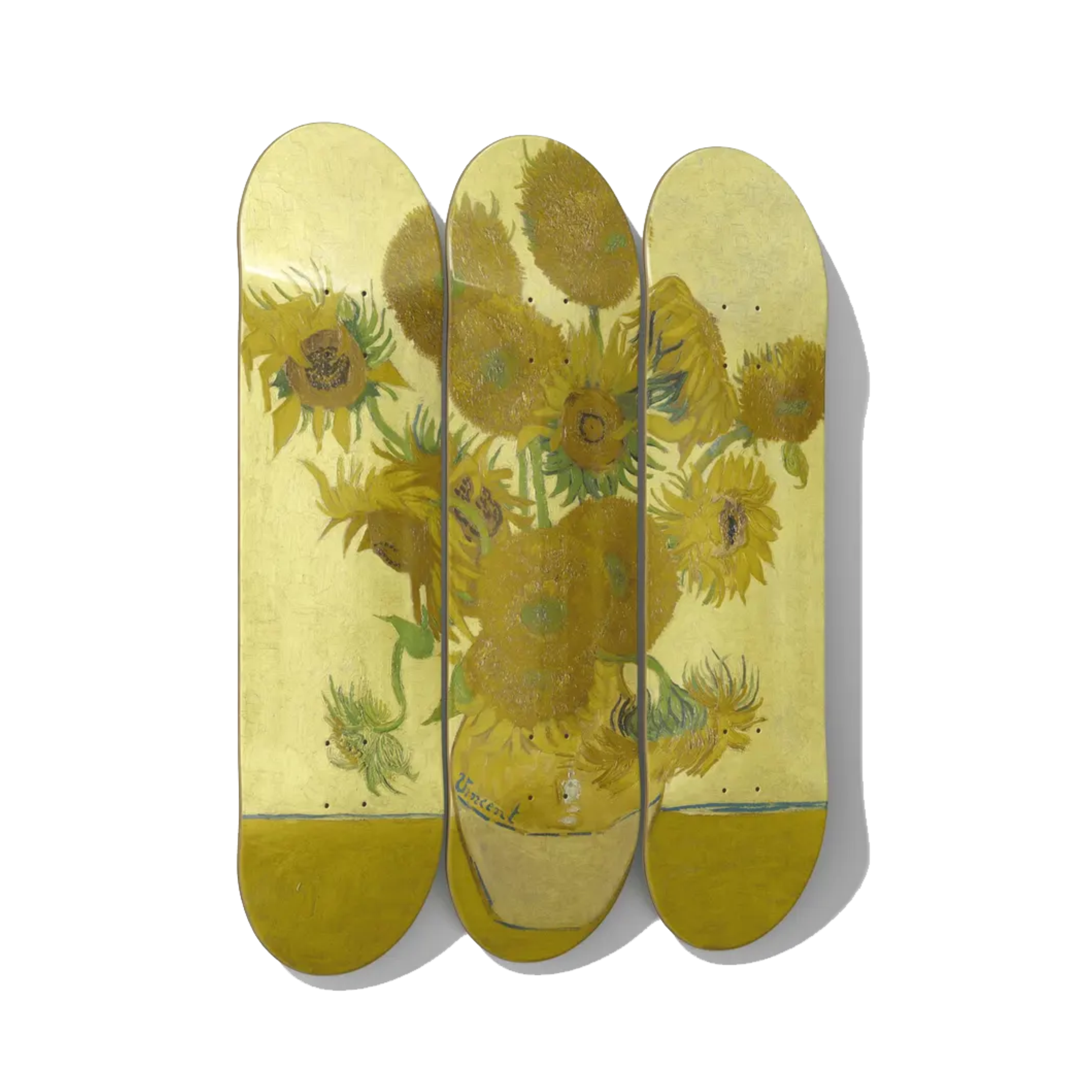 Van Gogh Sunflowers triptych on Canadian maple — DeckArts Berlin