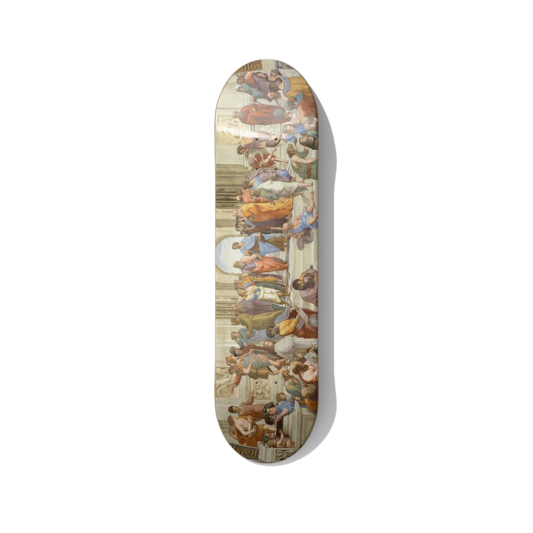 Skateboard wall art for a corner two-wall wrap 2026 DeckArts Berlin slim and flat near a corner turning a dead corner into a feature wrapping around two walls cohesive across the corner School of Athens Great Wave