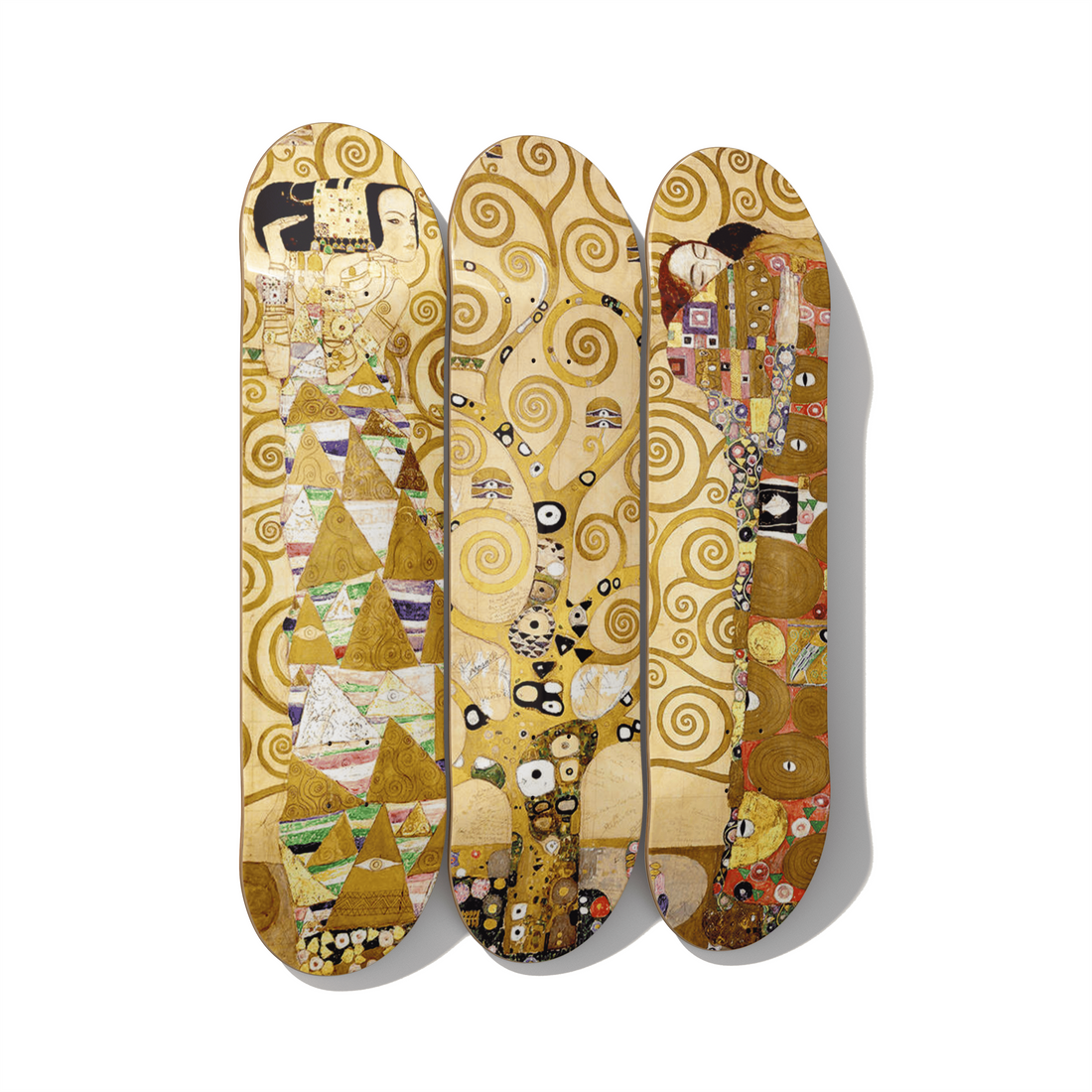 Klimt Tree of Life triptych skateboard wall art on Canadian maple — dining room classical art — DeckArts Berlin