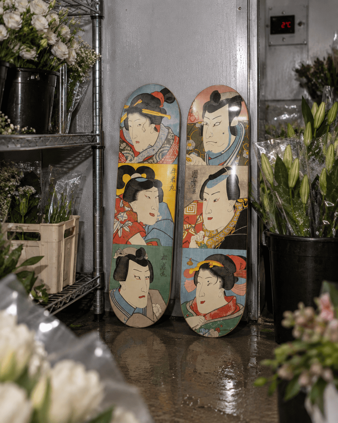 Utagawa Kuniyoshi Kabuki Actors skateboard deck diptych standing in a florist's cold storage room, real flowers and a temperature display visible
