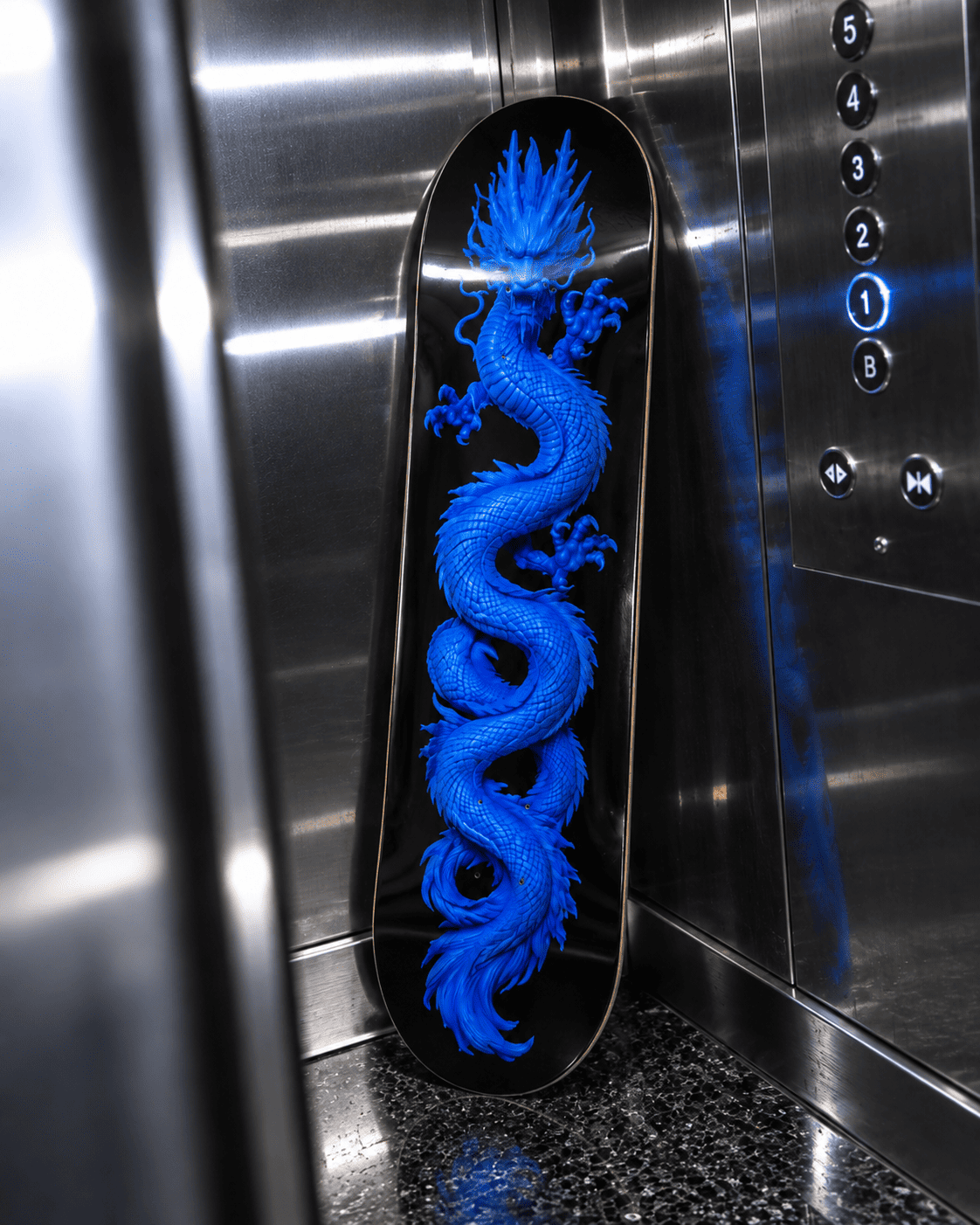 Blueprint Dragon deck standing in a steel elevator, blue Chinese dragon design against black lacquer