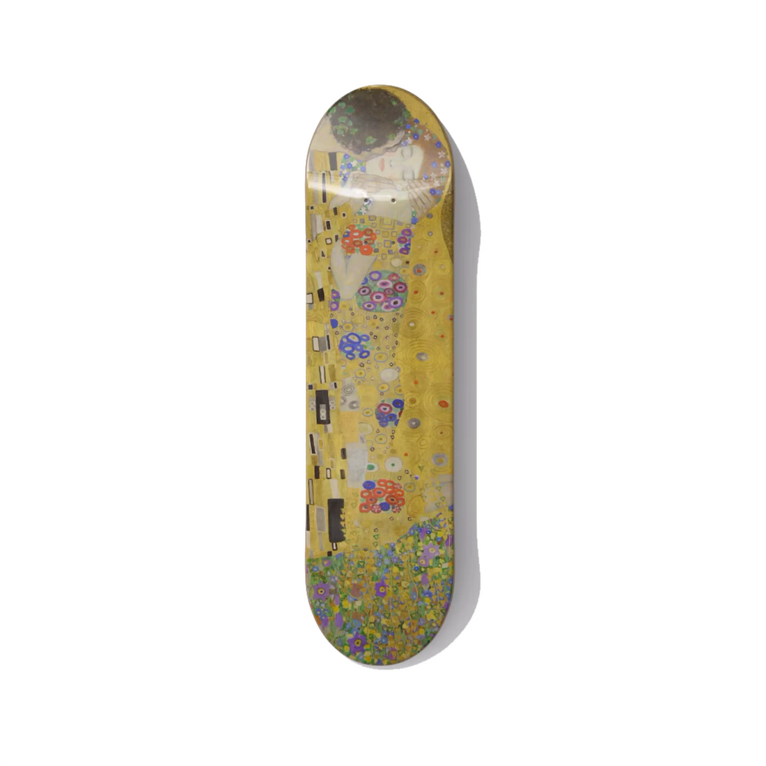 Skateboard wall art for a west-facing evening room 2026 DeckArts Berlin maple glowing at golden hour no glare in low evening sun resisting the strong evening sun warm sunset-toned imagery golden Klimt