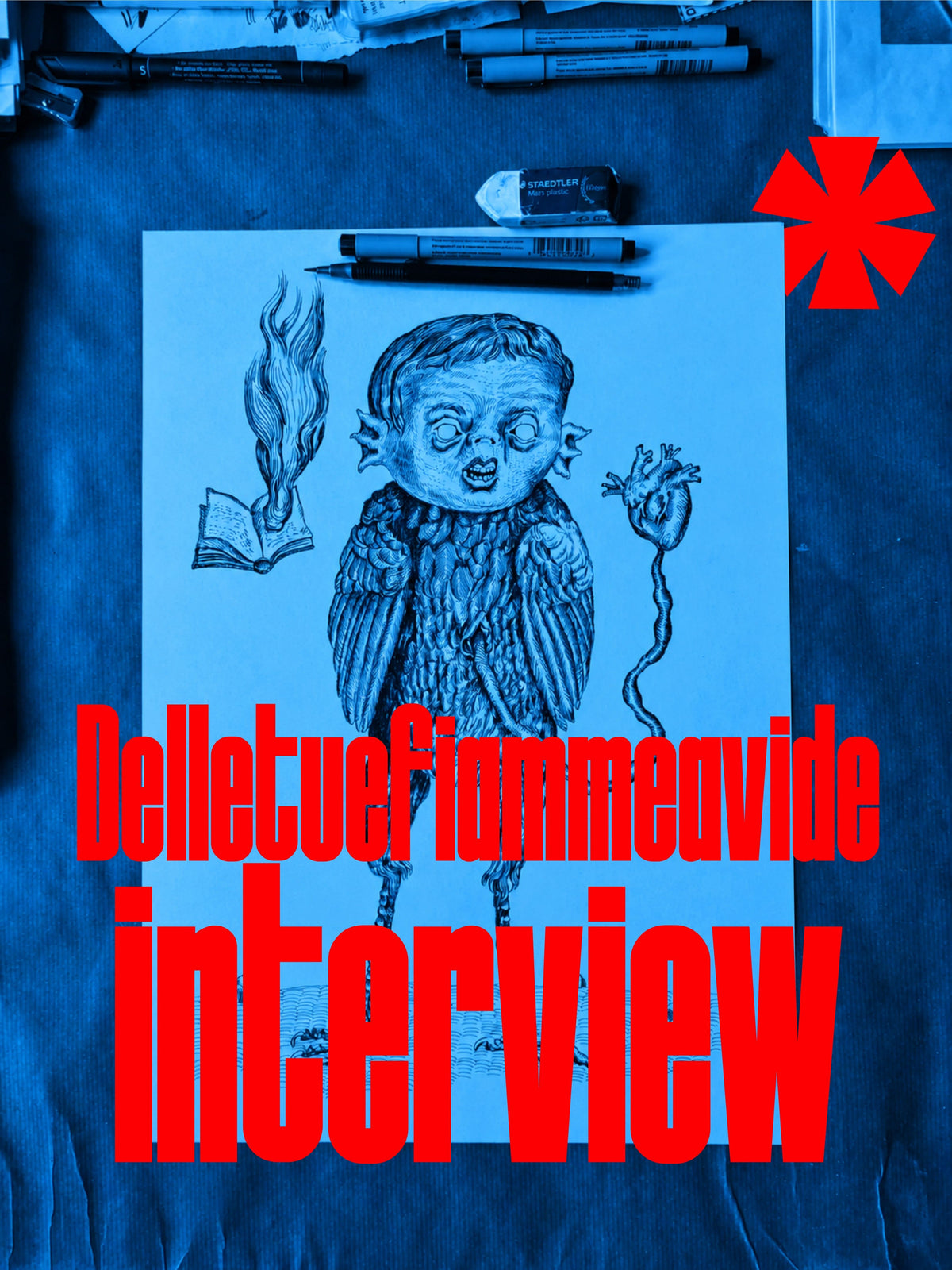 Delletuefiammeavide interview cover: blue-tinted photo of a bird-child hybrid India ink drawing with book, heart and pens, red title text
