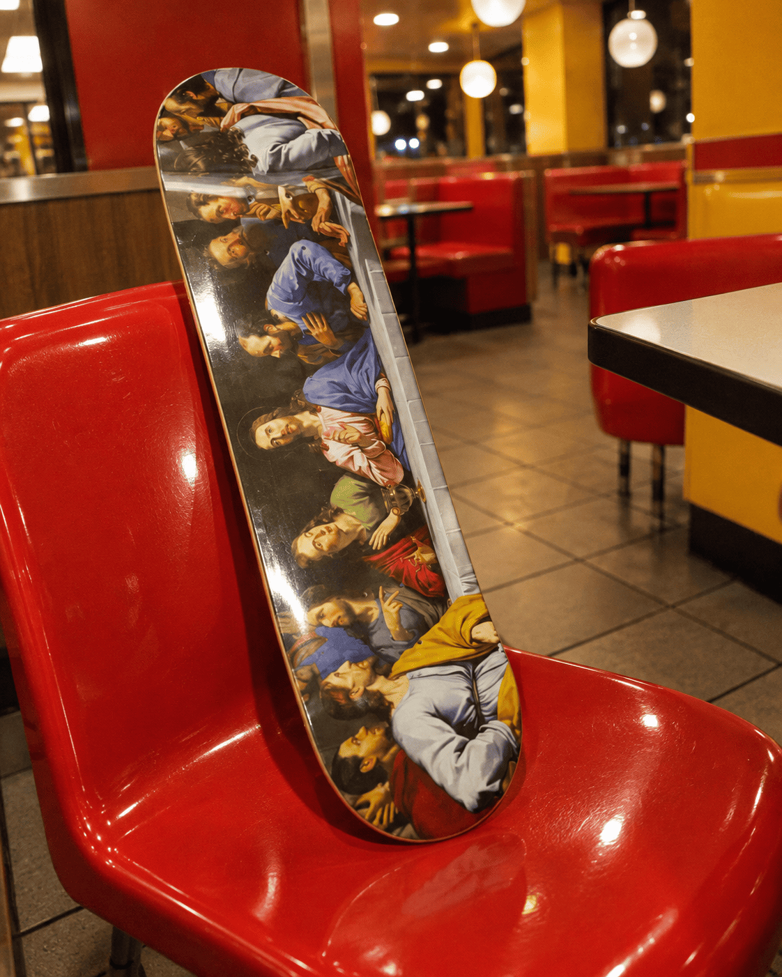 Last Supper skateboard wall art on a glossy red diner chair: Leonardo’s central group printed down one vertical maple deck
