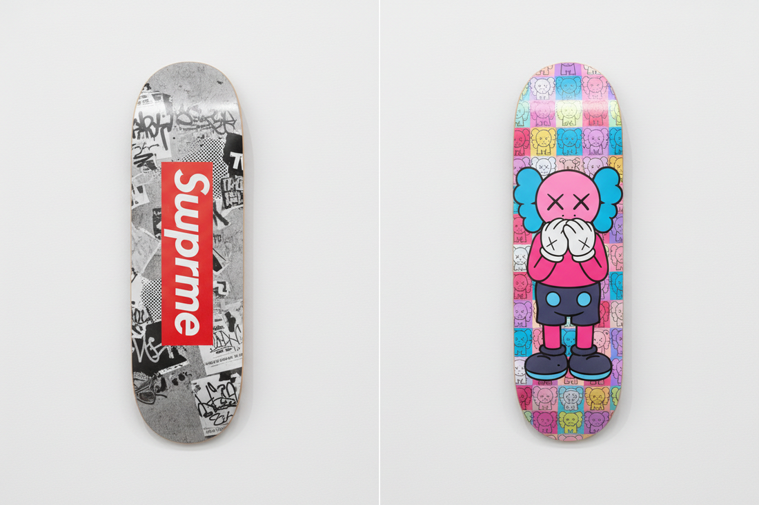  Supreme vs KAWS Skateboard Deck Art Comparison