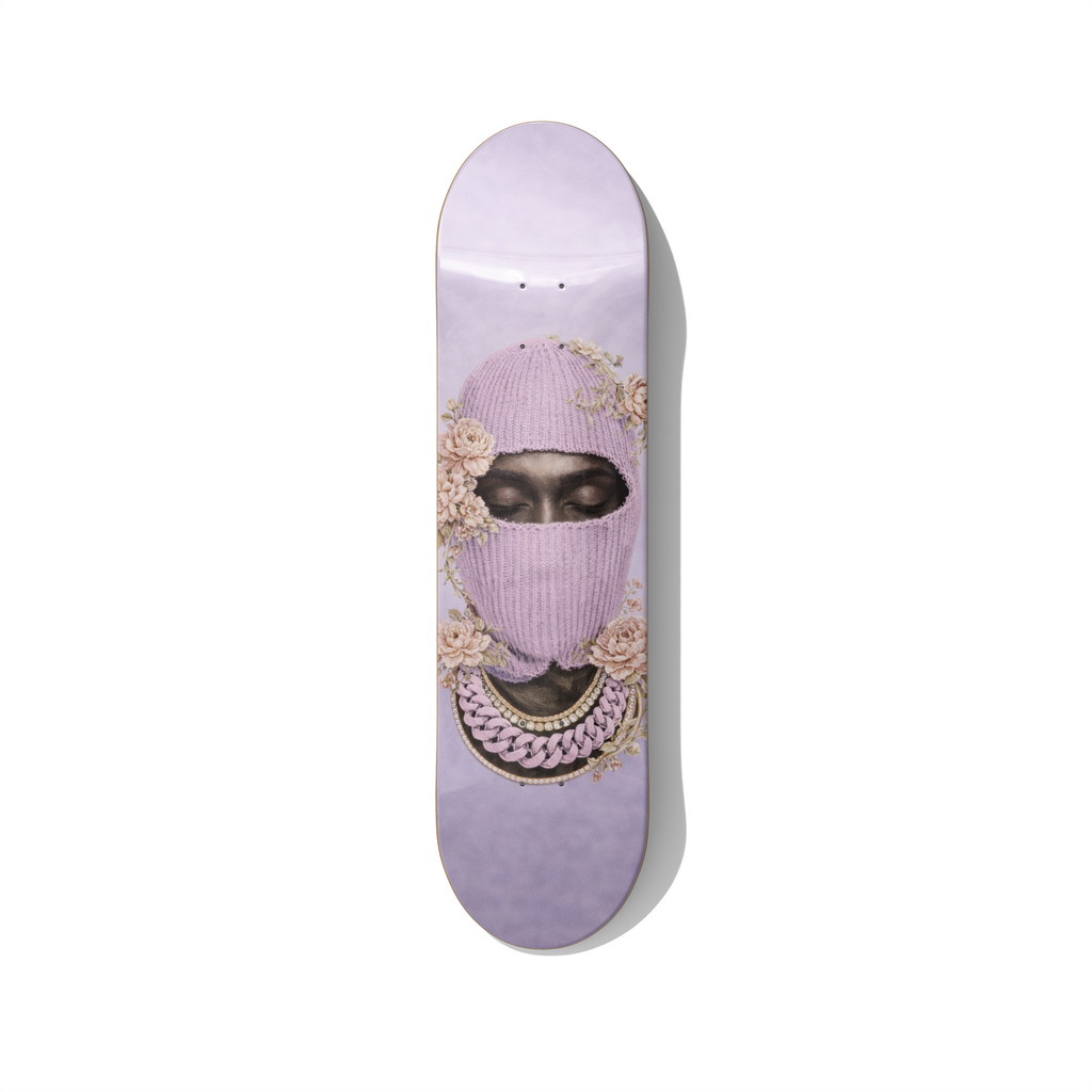 Masked portrait skateboard wall art featuring a floral balaclava face with chain necklace, modern street art printed on skateboard deck for contemporary interior decor