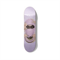 Masked portrait skateboard wall art featuring a floral balaclava face with chain necklace, modern street art printed on skateboard deck for contemporary interior decor