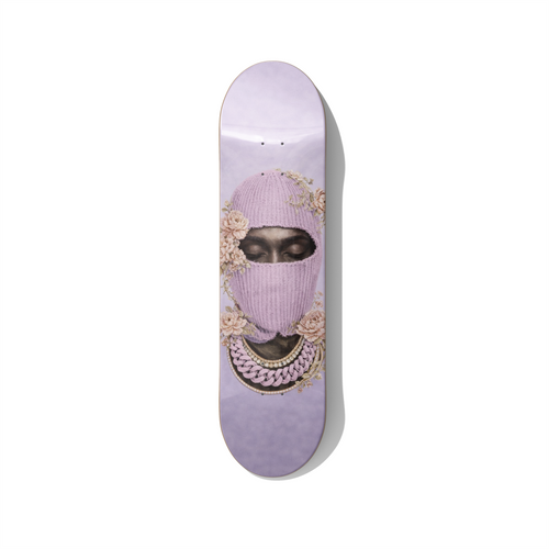 Masked portrait skateboard wall art featuring a floral balaclava face with chain necklace, modern street art printed on skateboard deck for contemporary interior decor