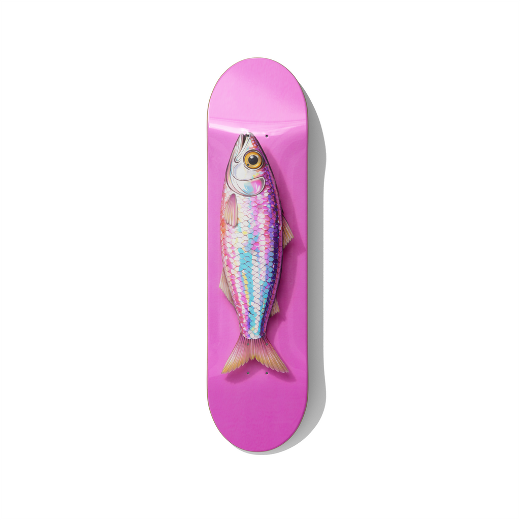 Iridescent fish contemporary skateboard wall art on premium Canadian maple deck