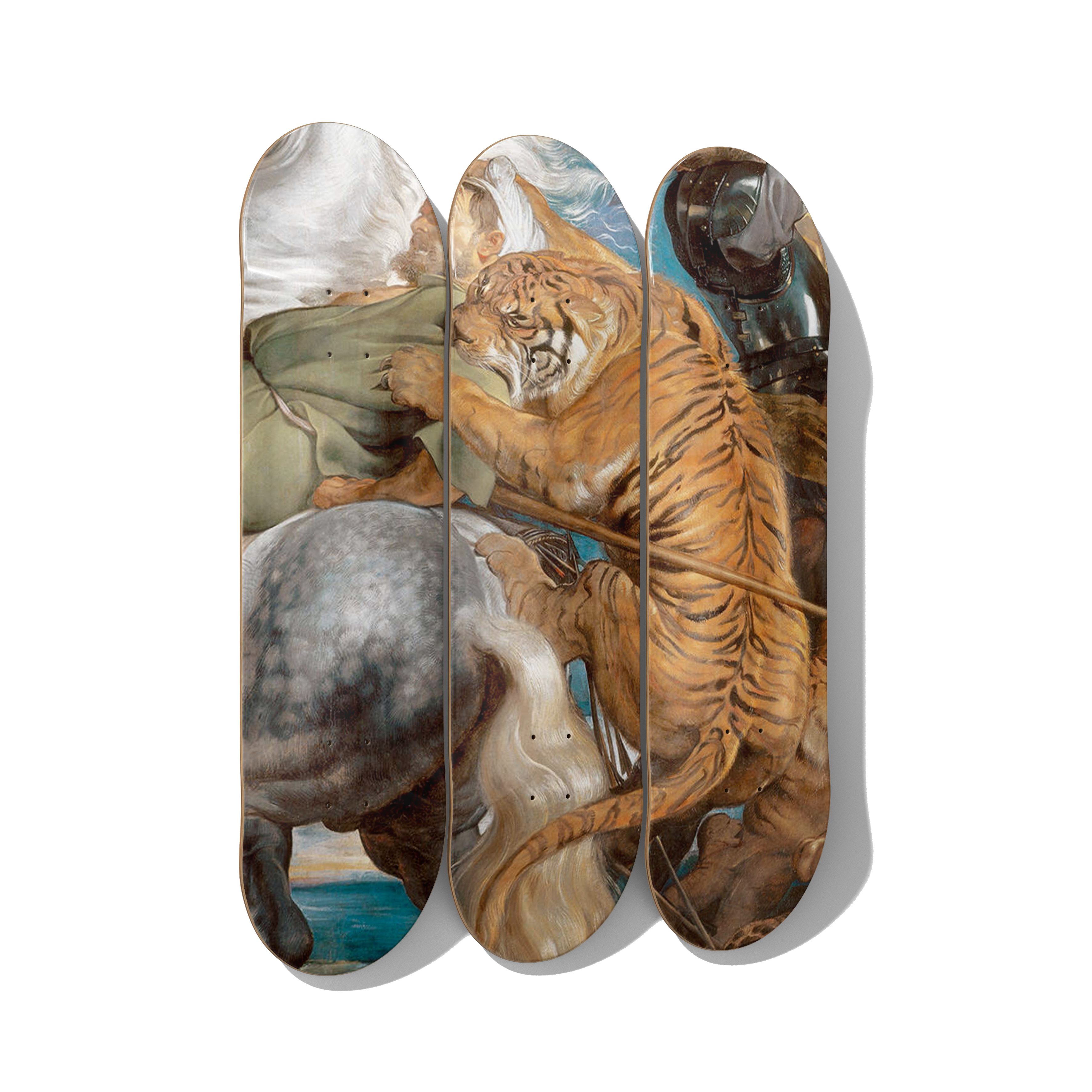 Peter Paul Rubens - Tiger Hunt Skateboard Deck Triptych Wall Art - Premium Canadian Maple - deckarts.com