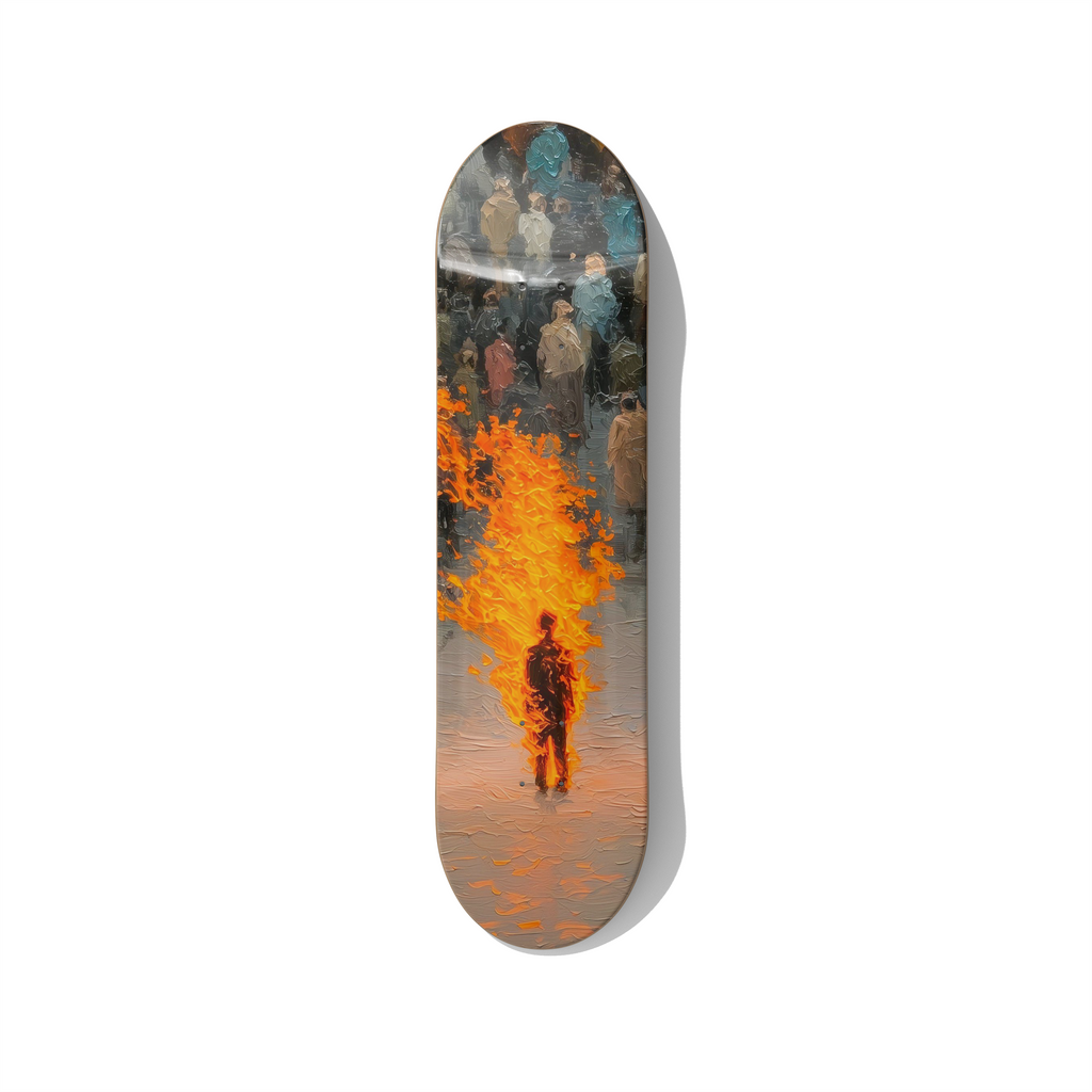 Conceptual skateboard wall art featuring a burning human figure surrounded by a crowd, symbolic fire art printed on a premium skateboard deck for modern interiors