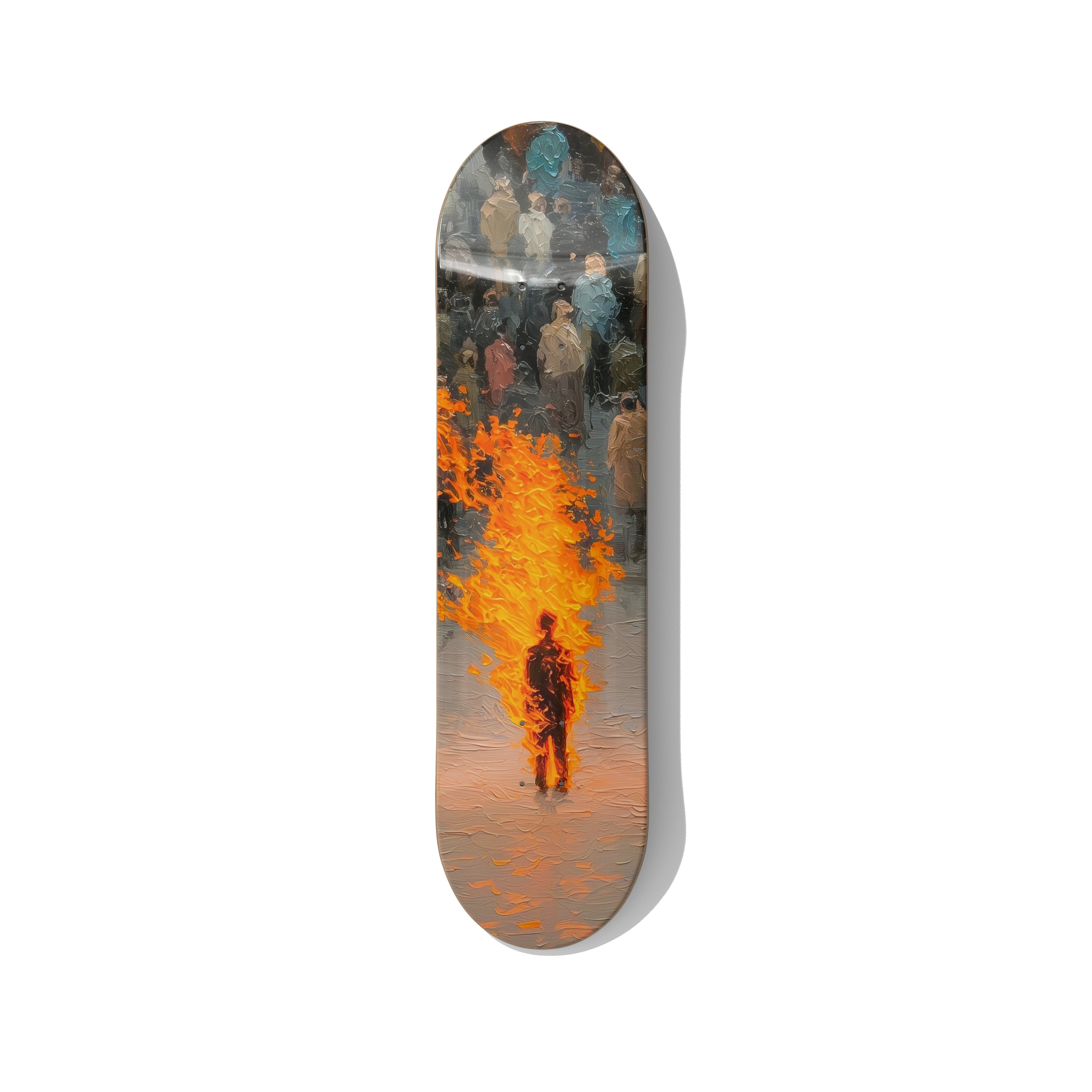 Conceptual skateboard wall art featuring a burning human figure surrounded by a crowd, symbolic fire art printed on a premium skateboard deck for modern interiors
