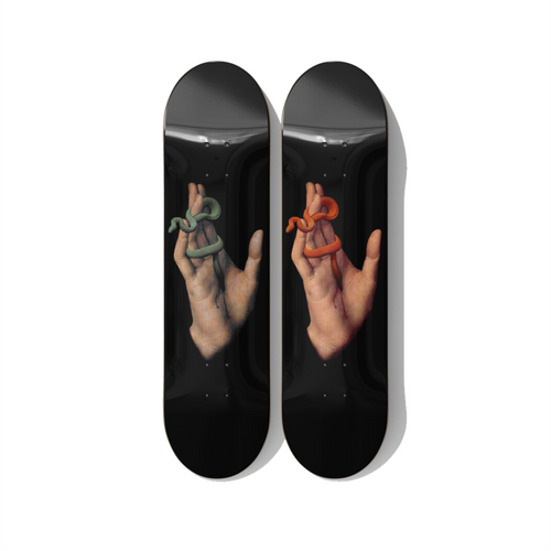Hand with Serpent – Renaissance Surrealism Skateboard Deck Diptych Wall Art – Premium Canadian Maple Deck - deckarts.com
