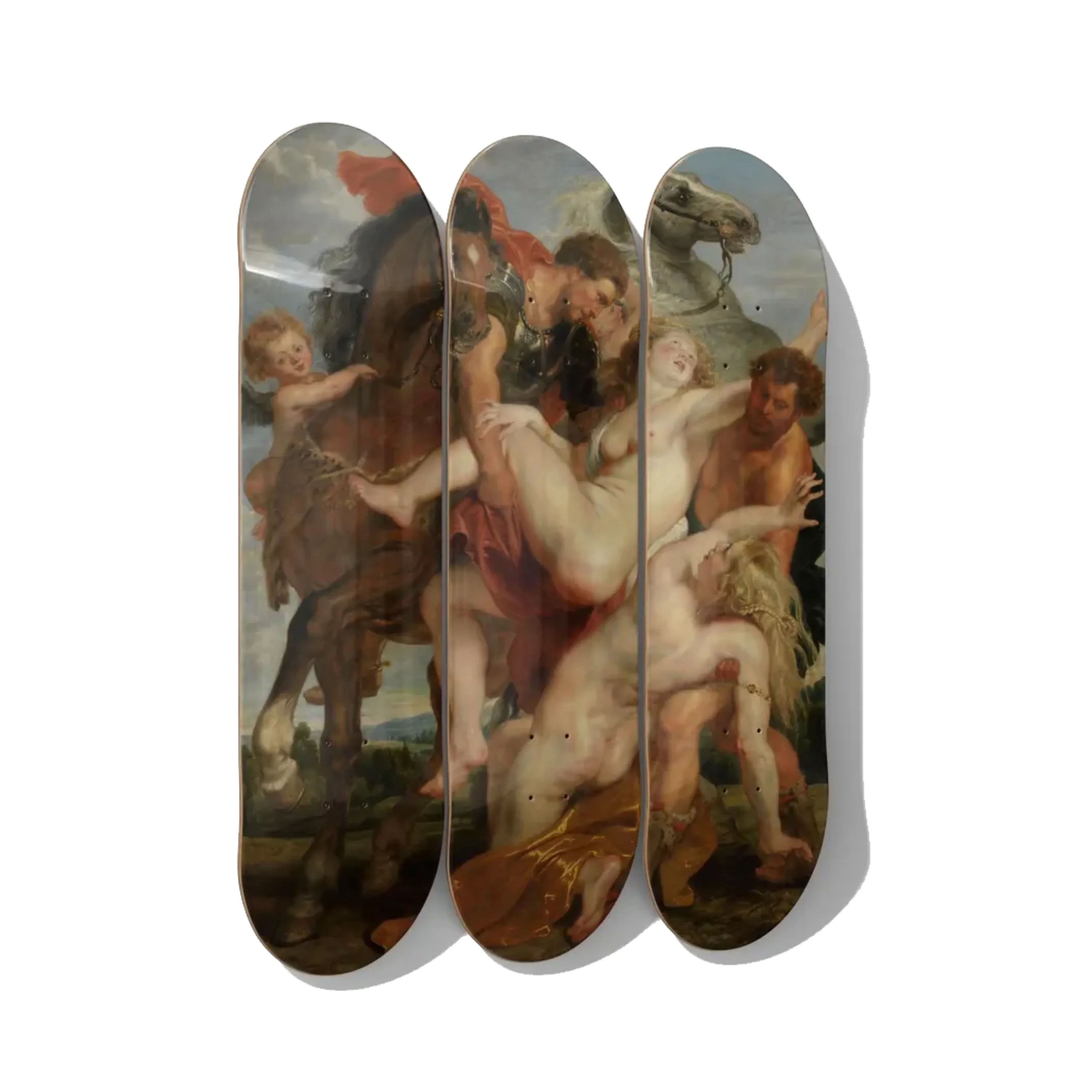 Peter Paul Rubens – The Rape of the Daughters of Leucippus Skateboard Deck Triptych Wall Art – Premium Canadian Maple.
