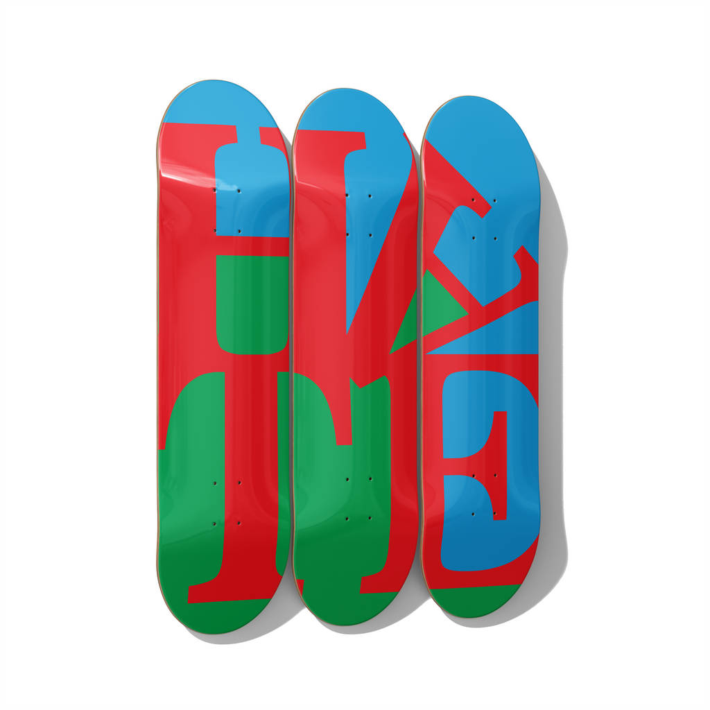 HATE – Abstract Typography Triptych Skateboard Wall Art – Red, Blue & Green Modern Design – Premium Canadian Maple Decks - deckarts.com