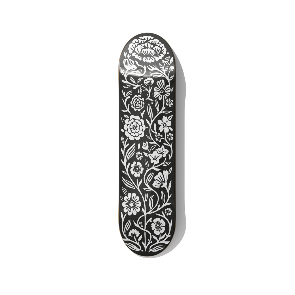 Minimalist floral botanical pattern skateboard wall art on Canadian maple deck