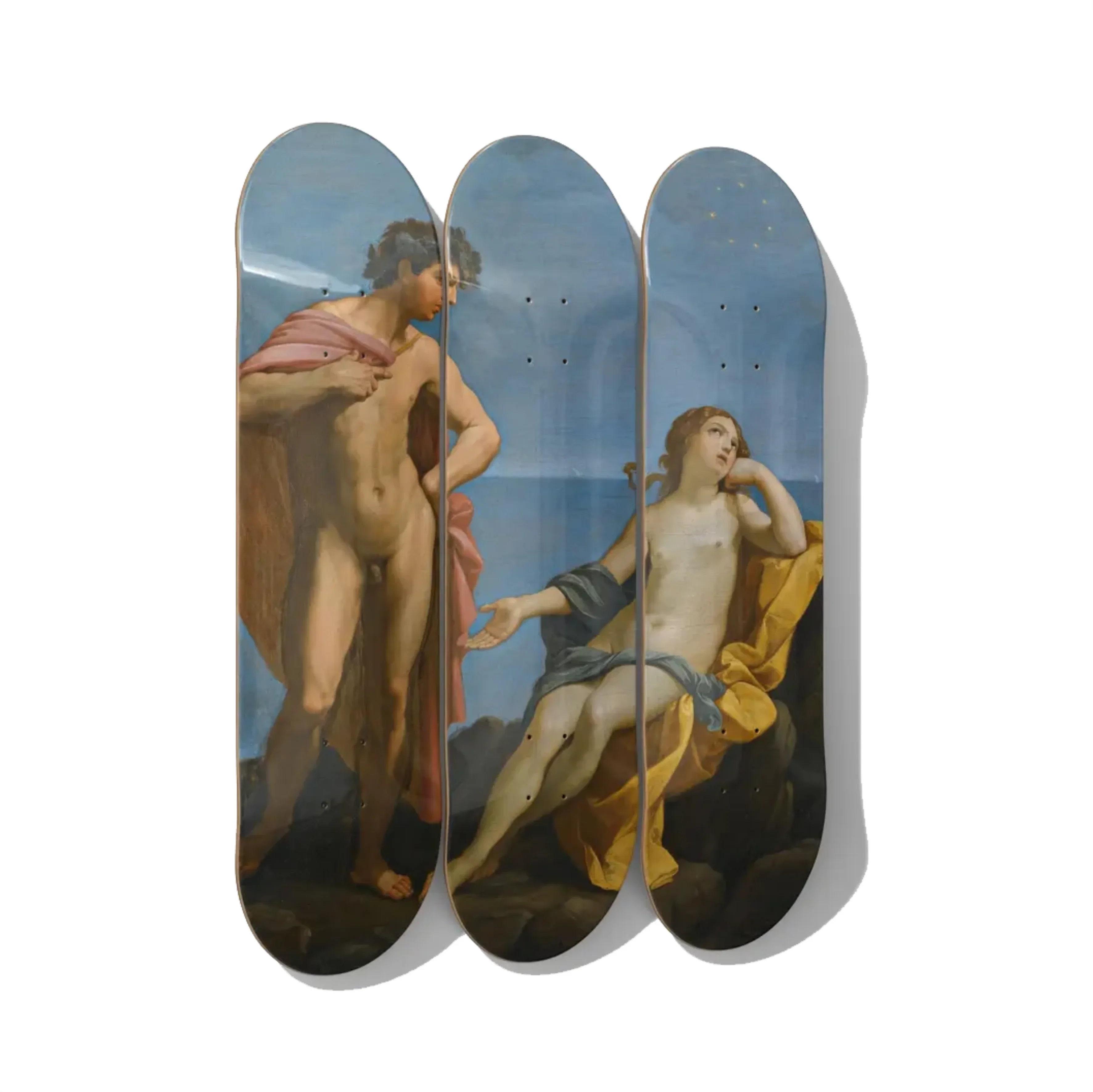 Titian – Bacchus and Ariadne Skateboard Deck Triptych Wall Art – Premium Canadian Maple.