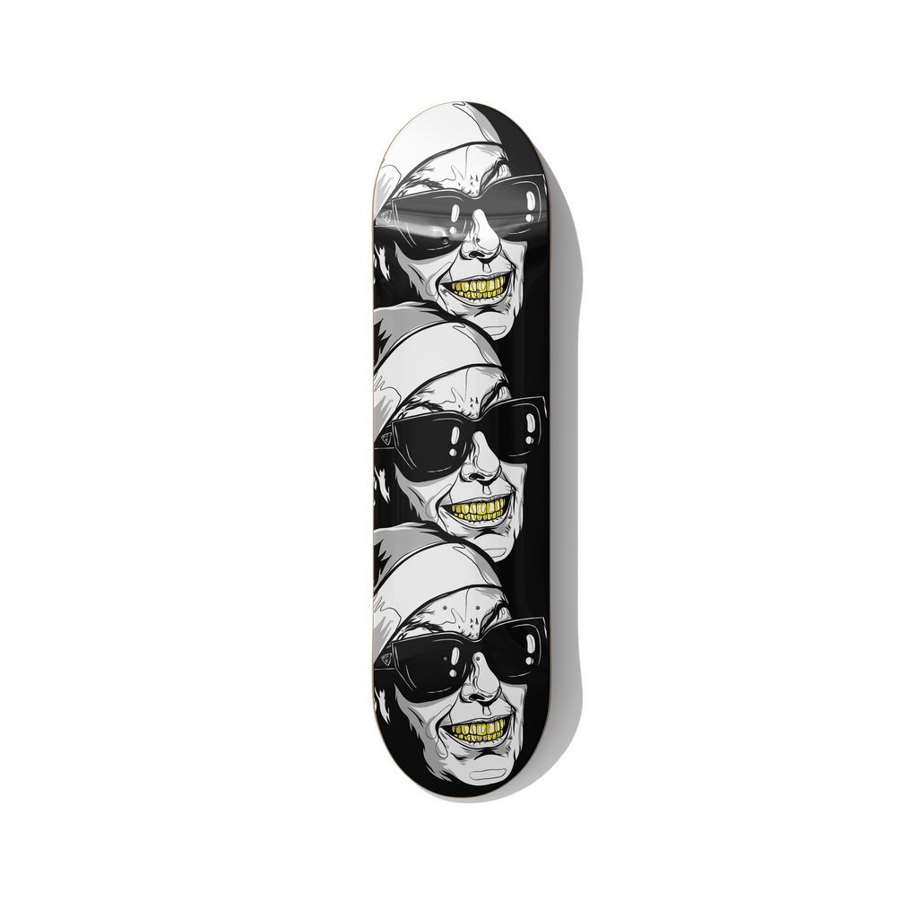 3 Sisters skateboard wall art by Stefano Borella featuring three repeated nun portraits with black sunglasses and gold teeth