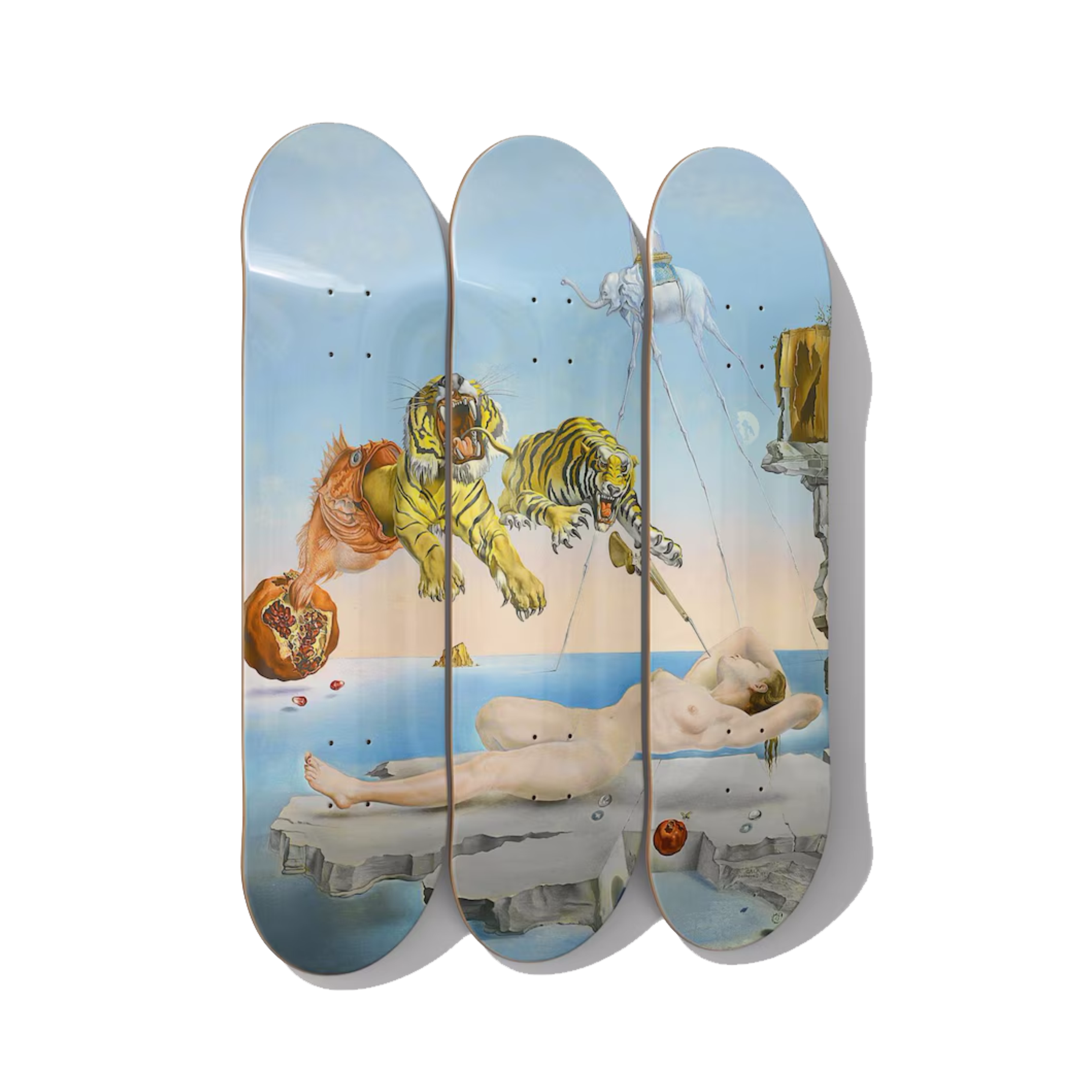Salvador Dalí - Dream Caused by the Flight of a Bee Around a Pomegranate Skateboard Deck Triptych Wall Art - Premium Canadian Maple - deckarts.com