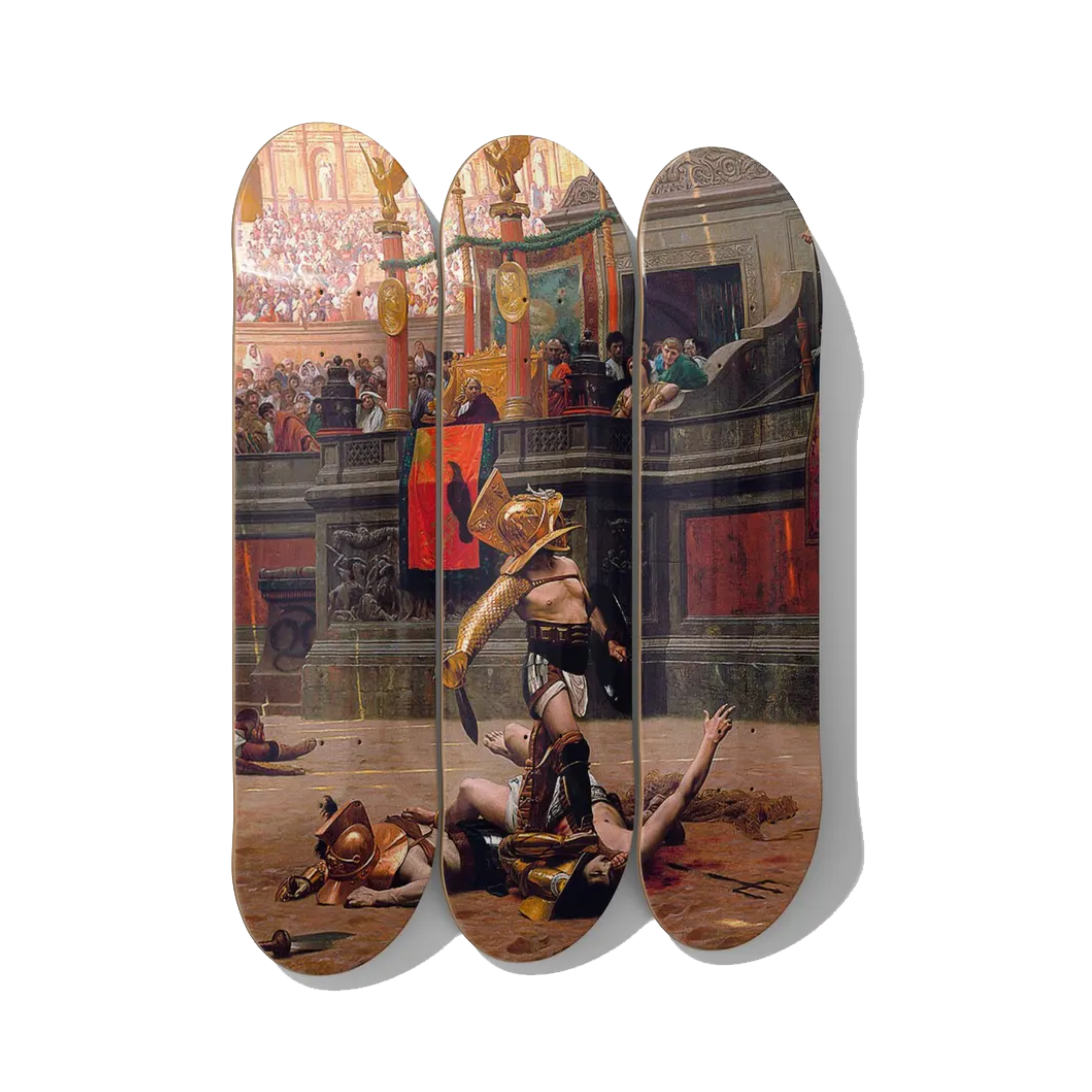 Jean-Léon Gérôme - Pollice Verso Skateboard Deck Triptych Wall Art - Premium Canadian Maple - deckarts.com