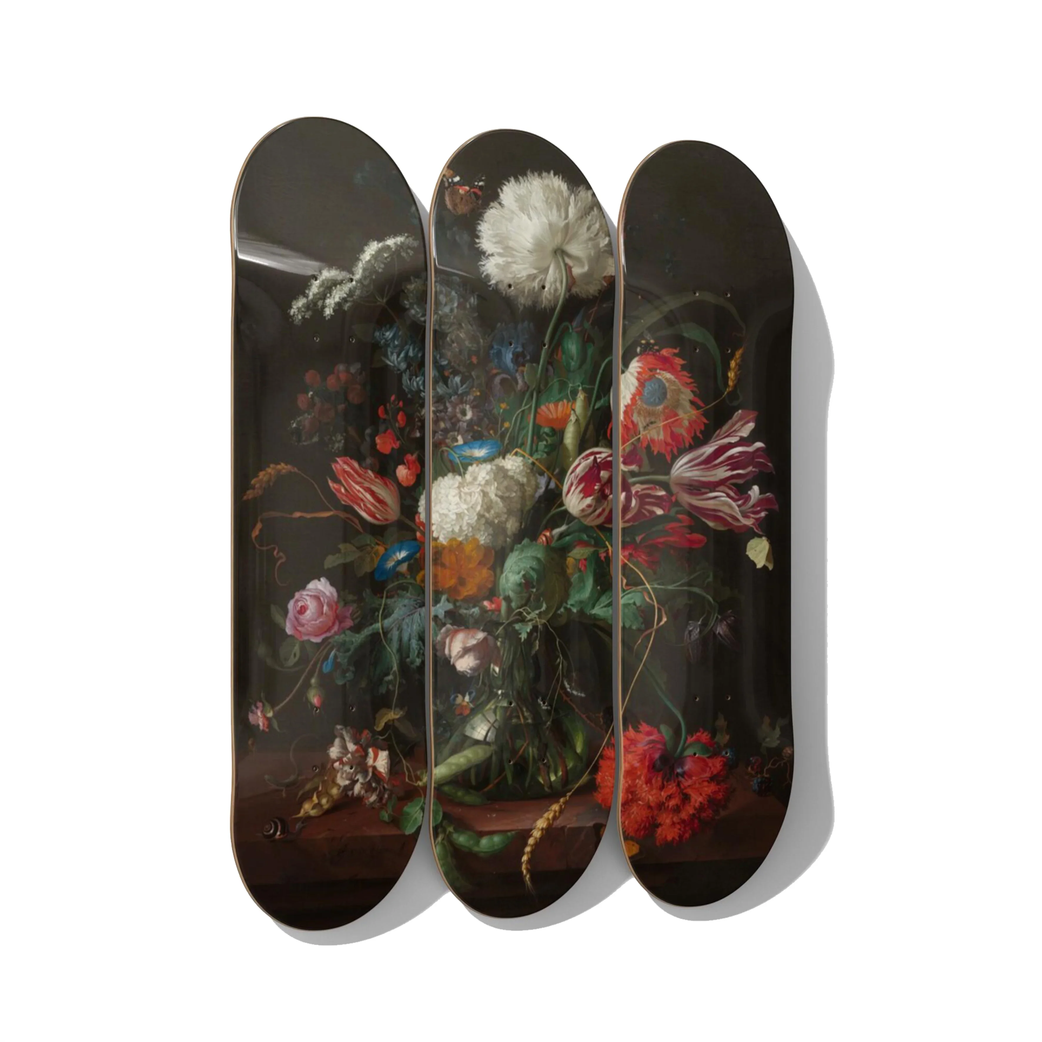 Jan Davidsz de Heem Baroque Floral Skateboard Deck Triptych Wall Art - Premium Canadian Maple.