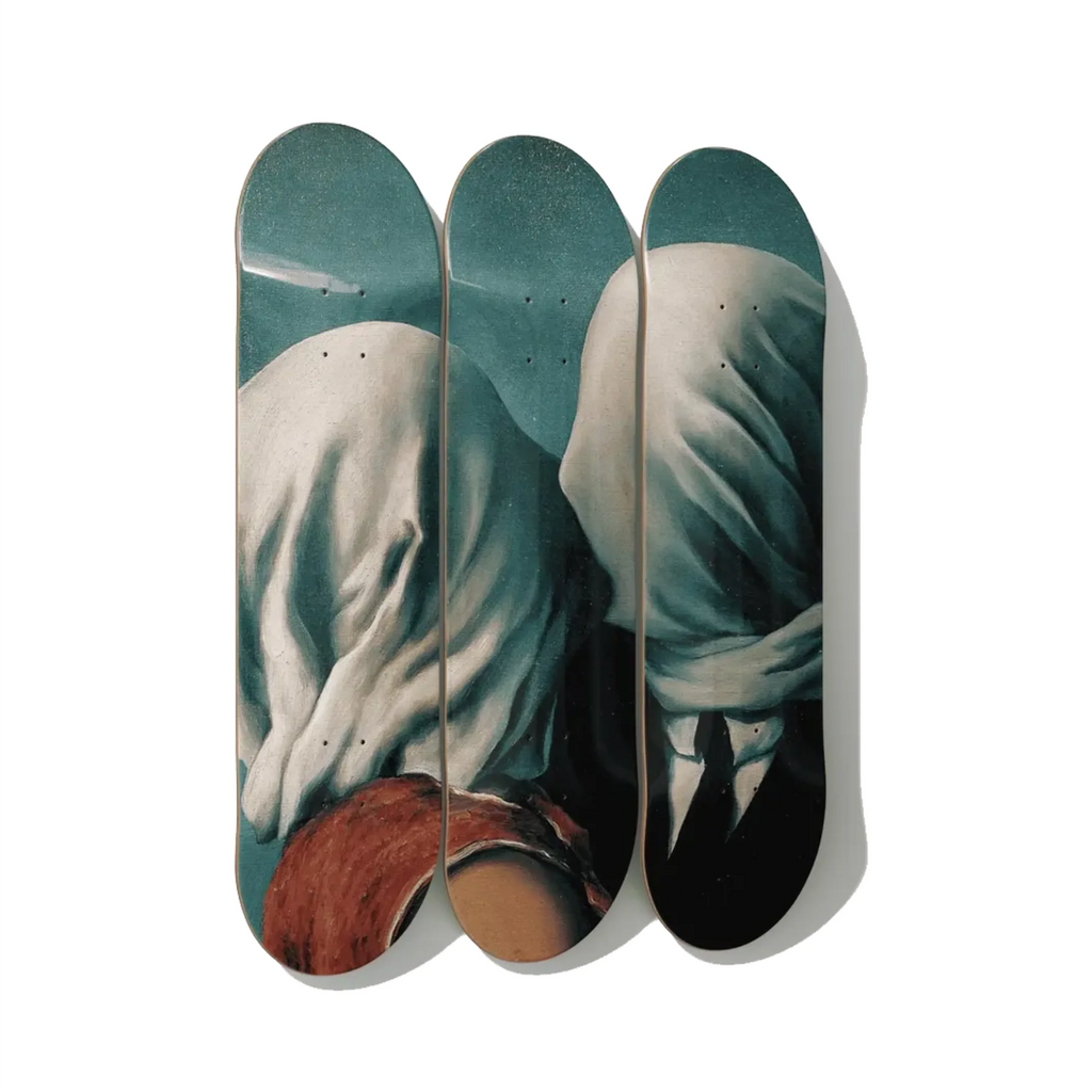 René Magritte – The Lovers (Les Amants) Skateboard Deck Triptych Wall Art – Premium Canadian Maple.