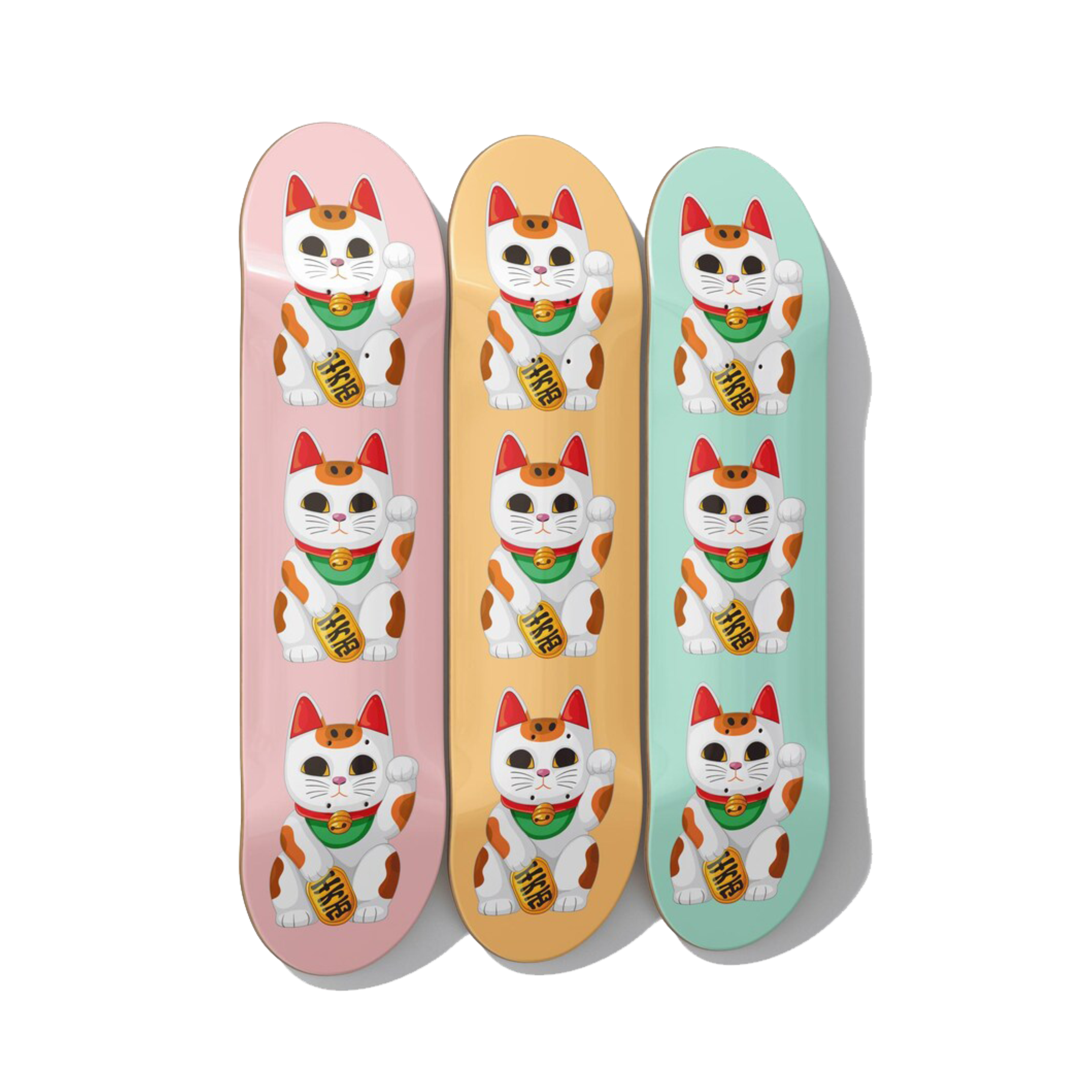 Maneki Neko - Lucky Cat Skateboard Deck Triptych Wall Art - Premium Canadian Maple - deckarts.com