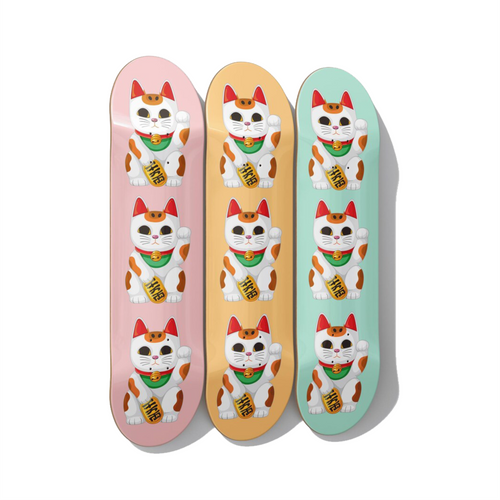 Maneki Neko - Lucky Cat Skateboard Deck Triptych Wall Art - Premium Canadian Maple - deckarts.com