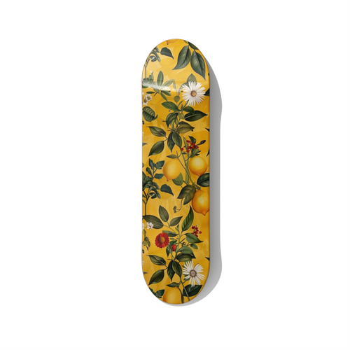 Skateboard wall art featuring lemon botanical illustration with flowers and leaves, vintage floral artwork printed on skateboard deck for bright modern interiors