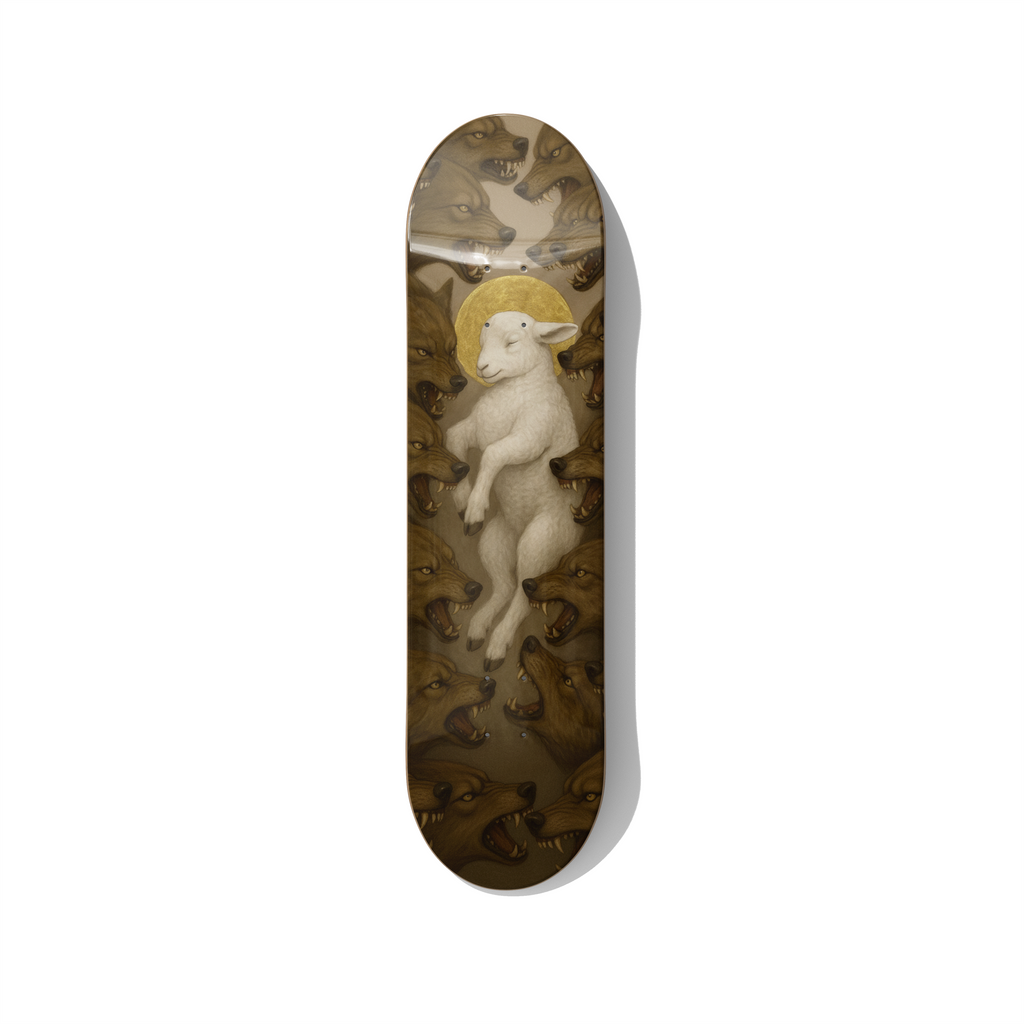 Lamb Among Wolves – Symbolic Surrealism Skateboard Wall Art – Premium Canadian Maple Deck - deckarts.com