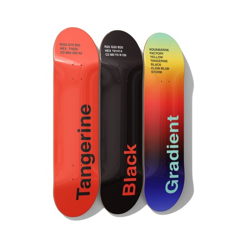 Color Theory designer typography skateboard deck triptych wall art on Canadian maple