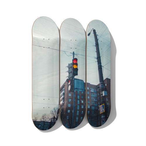 Motherland Okhtyrka urban cityscape skateboard deck triptych wall art on premium Canadian maple