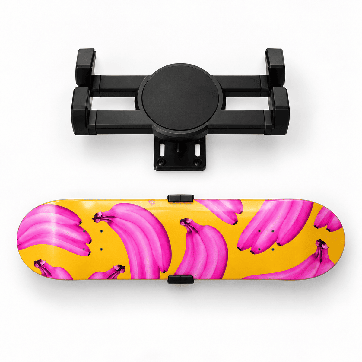 Rotating wall mount holding horizontal skateboard wall art on premium Canadian maple deck